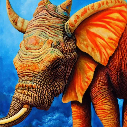 Prompt: hybrid animal cross between colorful triceratops and elephant detailed oil painting 4k