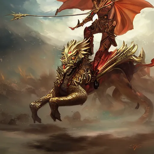 Prompt: Golden dragon and rider, wlop