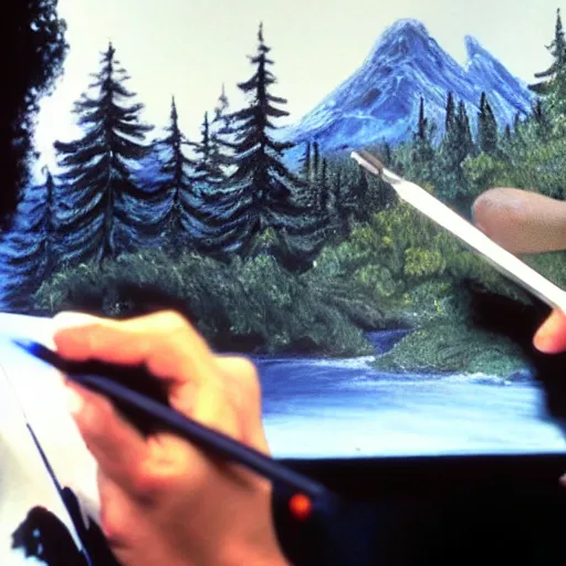 Image similar to a closeup photorealistic photograph of bob ross working on a canvas painting of darth vader. film still. brightly lit scene. mountains and trees. this 4 k hd image is trending on artstation, featured on behance, well - rendered, extra crisp, features intricate detail, epic composition and the style of unreal engine.