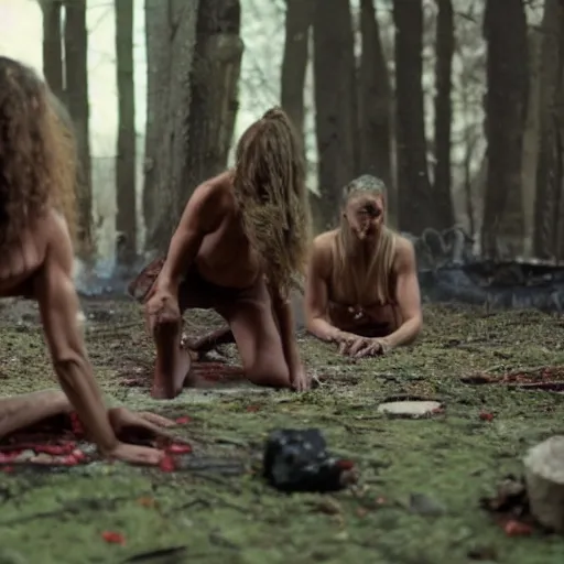 Image similar to and 8 k uhd photo of some witches in the woods with skin and muscle and blood dancing and crawling around a fire pit