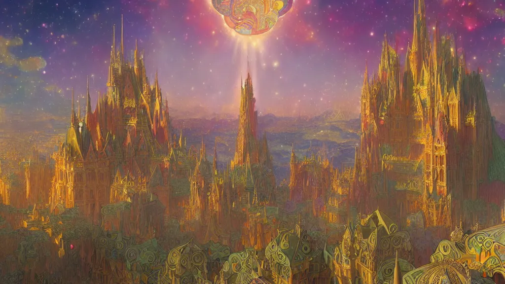 Prompt: a beautiful highly detailed matte painting of colorful castle nebulas by moebius, alphonse mucha, subject in view, highly detailed, intricate design, 8 k resolution, octane render, trending on artstation and cgsociety