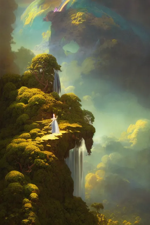 Prompt: the most wonderful dream you ever had, island in the sky with a waterfall, concept art, vivid color, complementary color, golden ratio, detailed, sharp lines, sharp focus, intricate, rainbowshift, by maxfield parrish, by peter mohrbacher, by gustave dore, by salvadore dali, deviantart, octane render