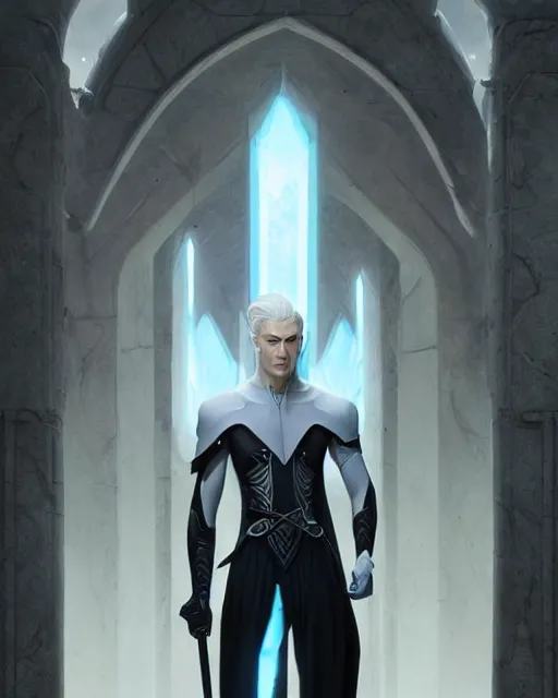 Image similar to character portrait of a slender young half elven man with white hair and piercing blue eyes and pale blue skin, wearing sleek pearlescent black armor, by greg rutkowski and mark brookes and jim burns and tom bagshaw and magali villeneuve, trending on artstation