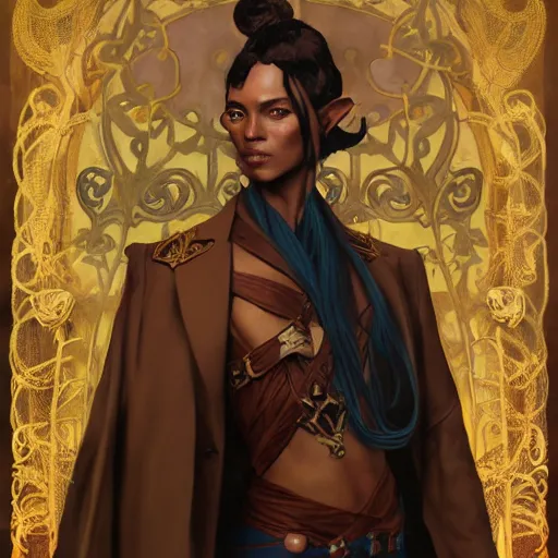 Image similar to a beautiful and androgynous half - elf with dark skin tone and messy short red hair and copper eyes with slit pupils, dressed in a jodhpuri suit, dnd character, golden aura, realistic portrait by ross tran and gerald brom and kehinde wiley and fernando amorsolo and alphonse mucha, trending on artstation