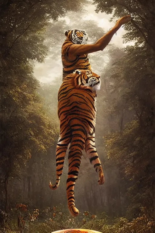 Prompt: a humanoid tiger king stands on a magical circle by greg rutkowski, magic realism, hyper realistic, 2 0 0 mm lens