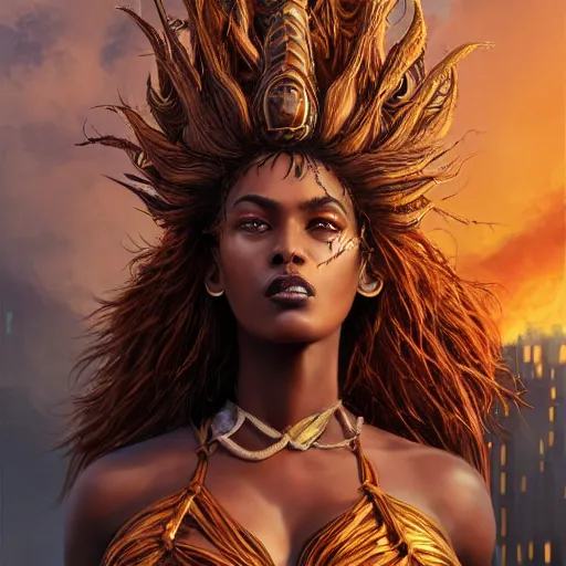 Image similar to a colossal goddess, creative, brown skin, giant, digital art, in the city, in town, highly detailed, photo manipulation, up there, fire hair, digital painting, smoke, artstation