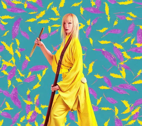 Image similar to breathtaking detailed pattern pastel colors, action scene from kill bill, with uma thurman ( kill bill ) in yellow kimono, swinging katana sword and autumn leaves, fuji, by hsiao - ron cheng, exquisite detail, enhanced eye detail