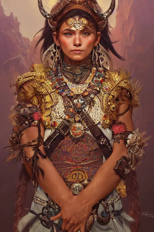 Prompt: a portrait of a anthropomorphic an acient aztec warrior goddess, D&D, fantasy, intricate, highly detailed, digital painting, artstation, concept art, smooth, sharp focus, illustration, art by artgerm and greg rutkowski and alphonse mucha