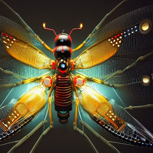 Prompt: 3D render of intricate wasp, cyberpunk cyborg wasp, shiny textured plastic shell, titanium, wires, pinned joints, glowing LEDs, cables, antennae, circuitry, chips, capacitors, dramatic lighting, highly detailed digital painting by H.R. Giger and WLOP and Jeffrey Smith, background natural flower, poppies, foliage, octane engine render 8k HDR