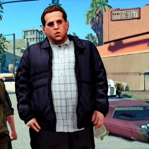 Prompt: jonah hill as a gta v character talking to trevor