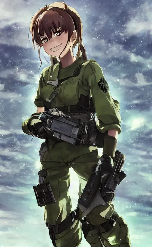 Prompt: smiling girl, left eye is closed, trading card front, future soldier clothing, future combat gear, realistic anatomy, concept art, professional, by ufotable anime studio, green screen, volumetric lights, stunning, military camp in the background, metal hard surfaces, focus on generate the face