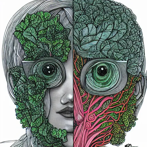 Prompt: the anatomy of a head of lettuce that looks like a pretty woman in her 2 0 s staring into the camera, an ultrafine detailed painting by james jean, intricate linework, bright colors, studio ghibli, behance contest winner, vanitas, angular, altermodern, unreal engine