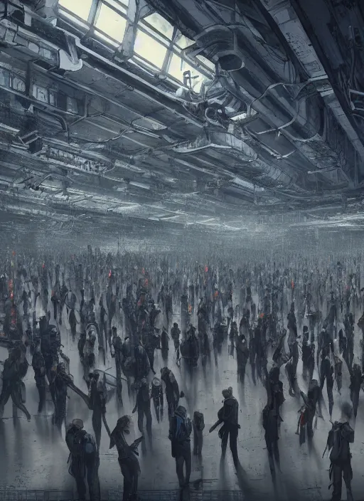 Image similar to a long queue of people standing in a huge underground dystopian factory , hyperdetailed, artstation, cgsociety, 8k