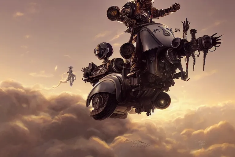 Prompt: an epic fantasy detailed illustration of a robot flying vespa scooter among the clouds by alejandro burdisio and michael whelan, industrial, hydraulics, prosthetics, 4K, golden hour hues