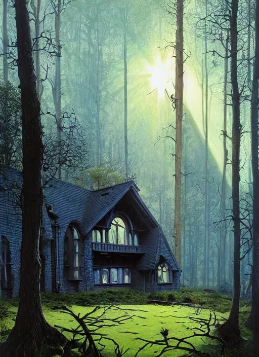 Image similar to hyper realistic witchy modern gothic house with mood lighting and tech in the woods gorgeous lighting, sunbeams blue sky, highly detailed, lush forest foliage painting by zdzisław beksinski and norman rockwell and greg rutkowski weta studio, and lucasfilm