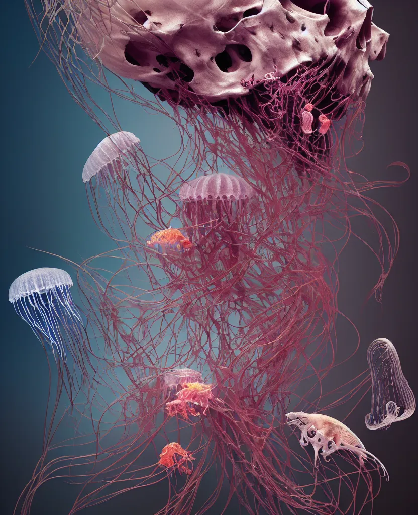 Image similar to composition of human skulls, animals skulls, bones, rib-cage. jellyfish orchids and betta fish, bioluminiscent, intricate artwork by Tooth Wu and wlop and beeple. octane render, trending on artstation, greg rutkowski very coherent symmetrical artwork. cinematic, hyper realism, high detail, octane render, 8k