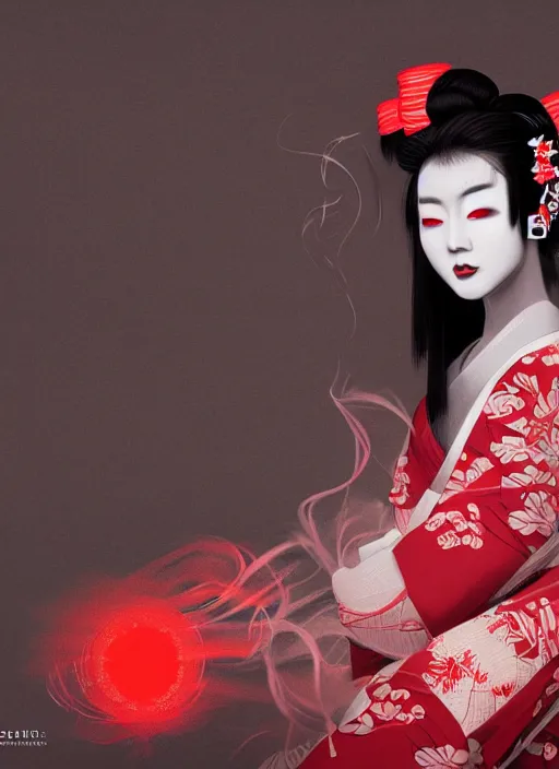 Image similar to geisha dressed witha kimono of smoke, fluent composition, red and white neon, concept art, ambient light, 4 k, intricate details, highly professionally detailed, cgsociety, highly detailed -