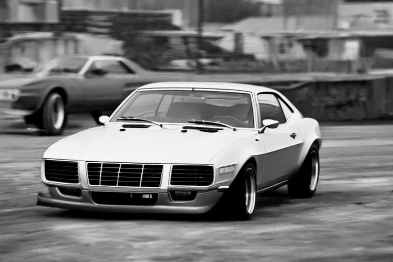 Image similar to audi camaro b 1 ( 1 9 6 9 ) drifting, phonk music background, smoke behind wheels, noise, dark, establishing shot, crow swarm