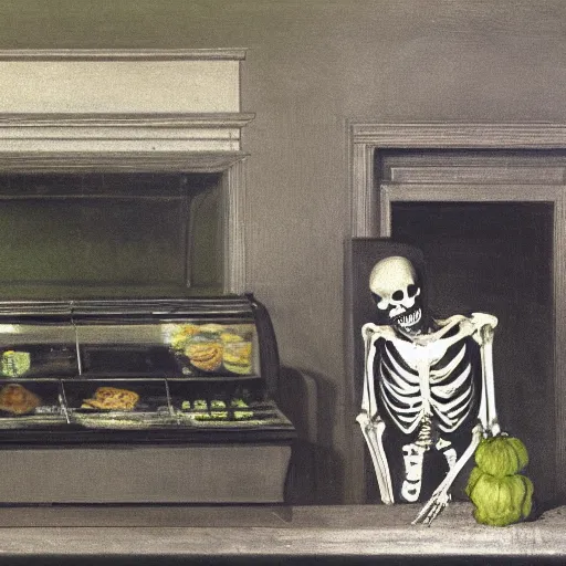 Prompt: a skeleton scanning groceries behind the cash register at Safeway while wearing a green apron, by Francisco Goya, Arnold Bocklin, chiaroscuro