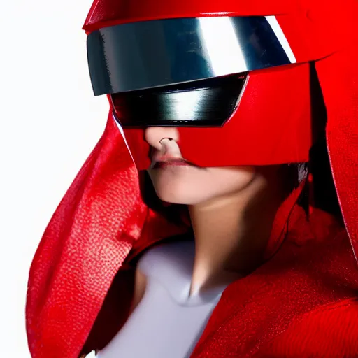 Image similar to headshot of a athletic female soldier in glossy sleek white armor with tiny red details and a long red cape, heroic posture, determined expression, shouting, on the surface of mars, night time, dramatic lighting, cinematic, sci-fi, hyperrealistic