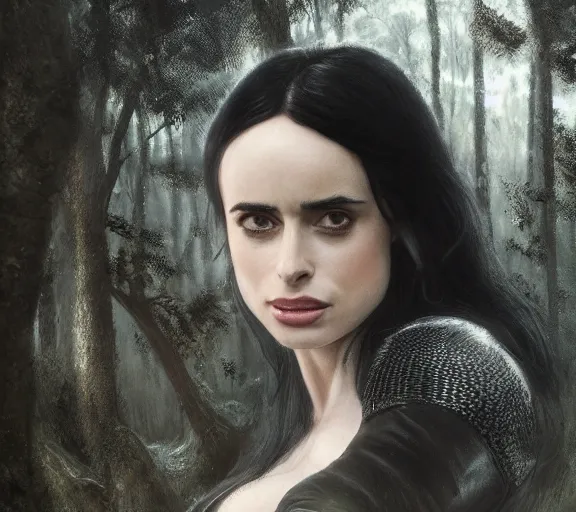 Image similar to 5 5 mm close up portrait photo of krysten ritter as yennefer of vengerberg in black leather armor and black hair, in a forest. magical atmosphere. art by greg rutkowski. lifelike. very detailed 8 k. intricate. soft light. nikon d 8 5 0.