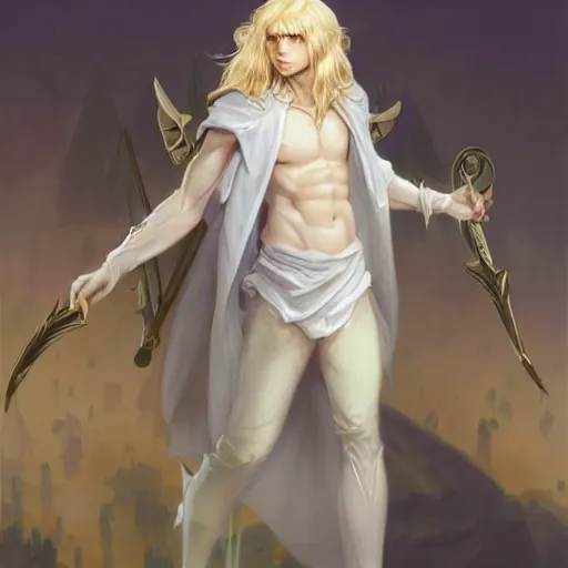 Prompt: Lucius the delicate androgynous pale blond prince league of legends on his day off, white poet shirt, long fluffy curly blond hair, highly detailed, digital painting, artstation, concept art, smooth, sharp focus, illustration, ArtStation, art by artgerm and greg rutkowski and alphonse mucha and Edmund Blair Leighton and Charlie Bowater