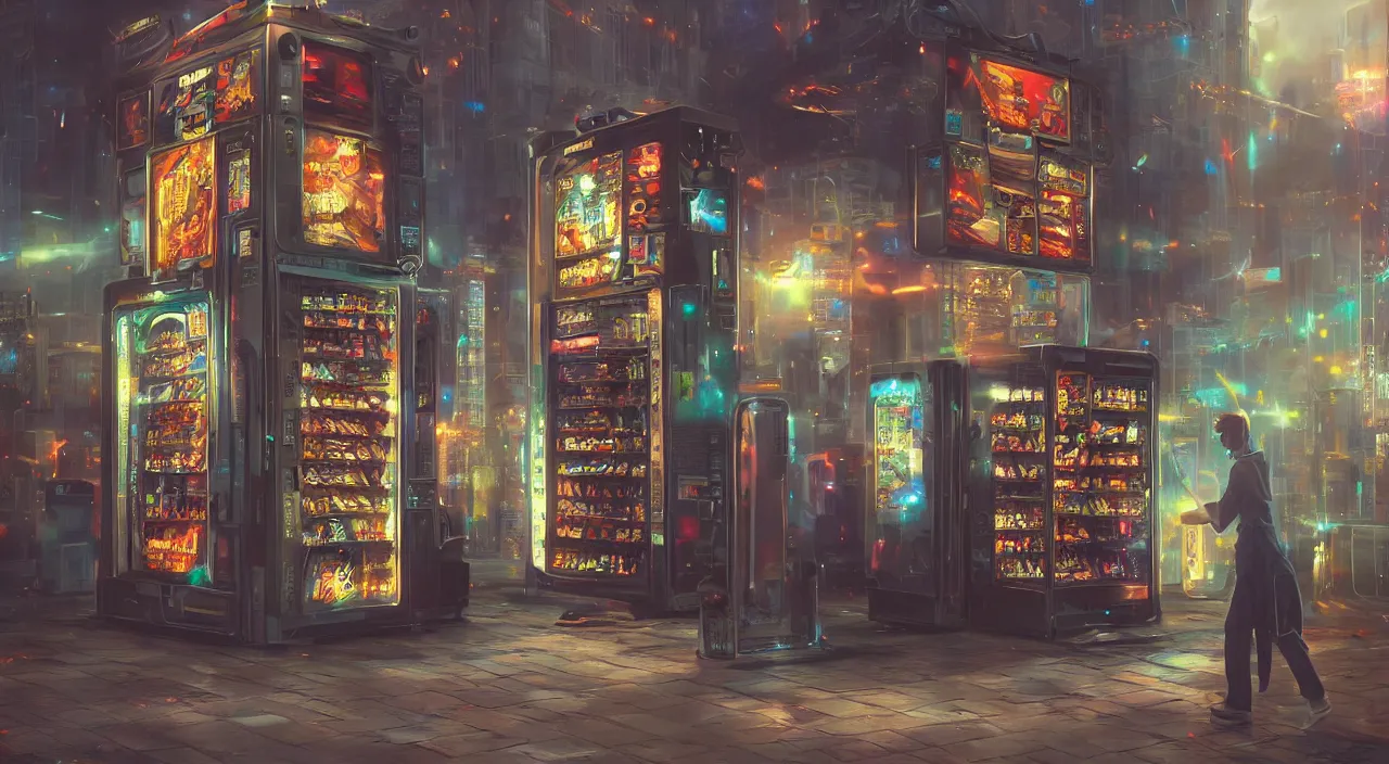 Prompt: Interdimensional vending machine, by Makoto Shinkai and Thomas Kinkade, realistic matte painting, trending on cgsociety and unreal engine，light effect，highly detailed，
