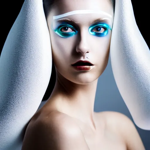 Image similar to high fashion photography of a model in neo futurism white sci - fi makup, a huge white snail on her head, transparent cloth, beautifully lit