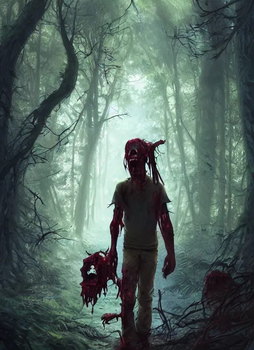 Prompt: zombie in a forest, trending on artstation, concept art, sharp focus, extremely detailed, illustration, award winning photograph, unreal 5 render, james gurney, artgerm, rhads, greg rutkowski