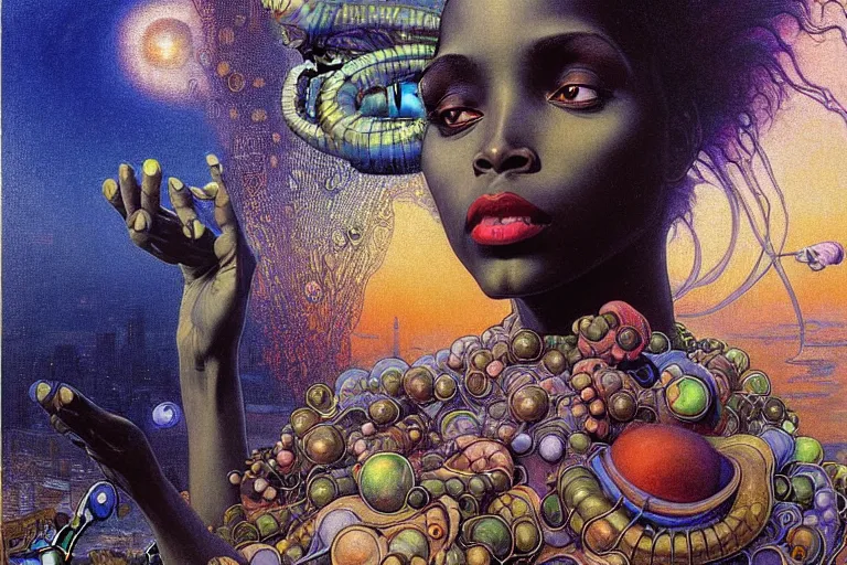 Image similar to realistic extremely detailed portrait painting of a beautiful black woman with an alien, city street on background by Jean Delville, Amano, Yves Tanguy, Ilya Repin, Alphonse Mucha, Ernst Haeckel, James C. Christensen, Edward Robert Hughes, Roger Dean, rich moody colours