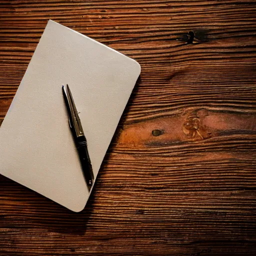 Image similar to highly detailed close up photo of an old worn notebook on wooden table, old table, feather pen, light coming out of near window, moody lighting, dust in air