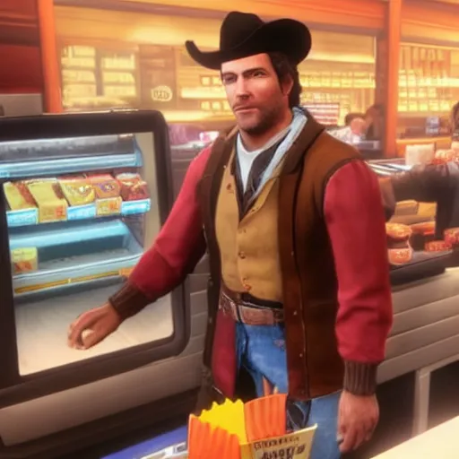 Prompt: arthur morgan as a cashier at mcdonalds