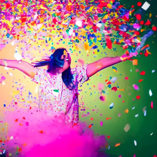 Image similar to girl exploding into a cloud of confetti, festive, neon, bright colors, daytime