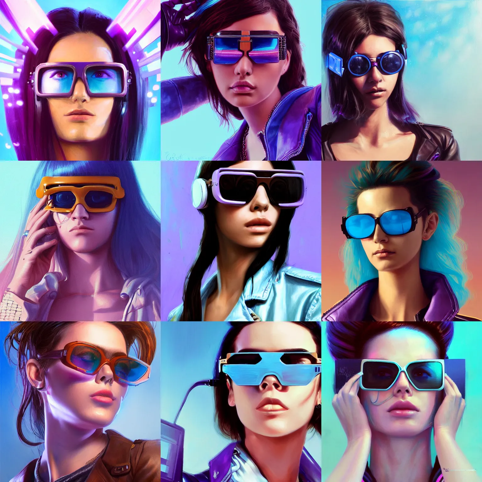 Prompt: very detailed masterpiece closeup painting of a very beautiful young mexican cyberpunk woman with light blue shutter shades, one side haircut, long brown hair with light blue ends, purple leather jacket, one hand on shutter shades, portrait, synthwave background, artstation, concept art by greg rutkowski