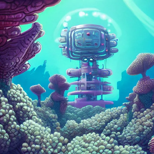 Prompt: beautiful painting of underwater corals as broadcast towers and flowers in white alien monuments in the style of Simon Stålenhag and H. R. Giger, detailed, trending on Artstation