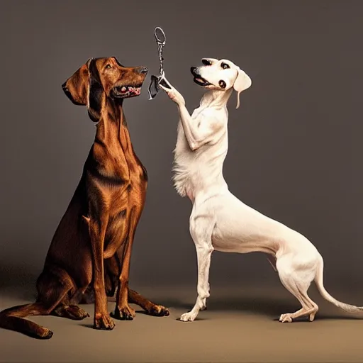 Prompt: a william wegman photograph of two dogs standing on hind legs 4k, hyperrealistic, focused, extreme details, unreal engine 5, cinematic, masterpiece, high resolution, detailed, painting by raqib shaw W- 1080