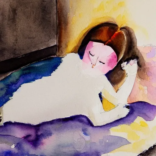 Prompt: a girl is lying on the bed and playing with her mobile phone, a ragdoll cat is lying on the side, watercolor painting