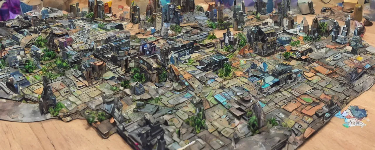 Image similar to functional mini sci-fi city made out painted cardboard