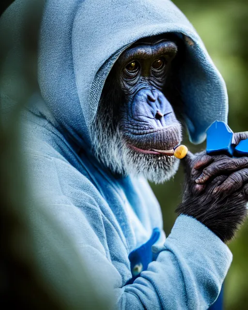 Prompt: gold, blue, photo of a chimpanzee solving a puzzle, blue hat, big cigarre in mouth, 8 k, 8 5 mm f 1. 8