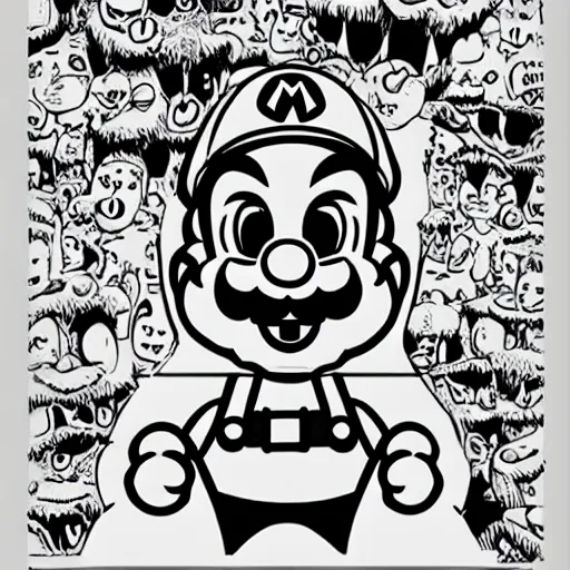 Image similar to Super Mario portrait in the style of Junji Ito. Manga. Black & White. Gothic. Horror. Exquisitely detailed. 4K.