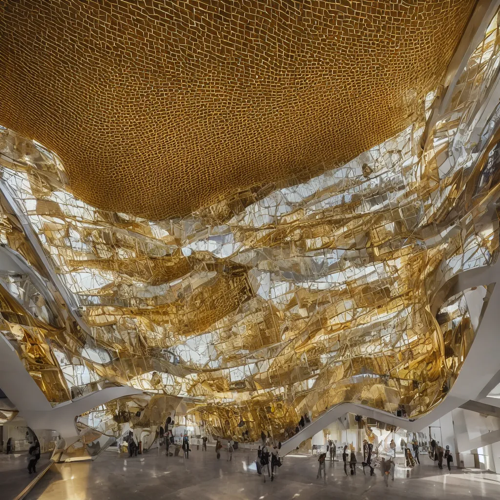 Image similar to “ the interior atrium hall of the museum of emotions designed by highly sculptural hyperbolic boolean surfaces, a sculptural staircase done in gold floats up to a skylight, highly detailed in 4 k ”