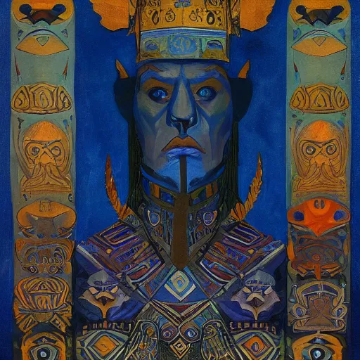 Image similar to the raven crown, by Annie Swynnerton and Nicholas Roerich and Diego Rivera, blue skin, elaborate costume, geometric ornament, rich color, dramatic cinematic lighting, smooth, sharp focus, extremely detailed