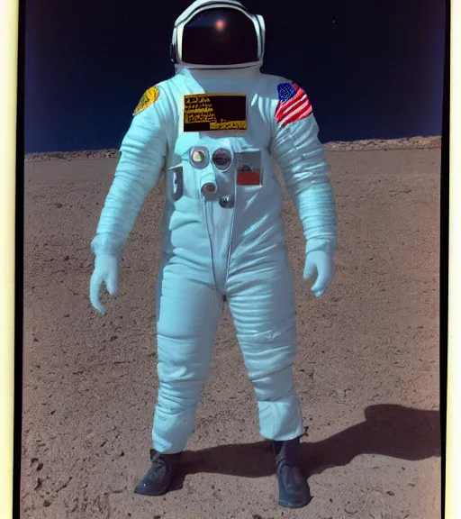 Prompt: A photo of 1980s VR spacesuit designed by US Army, scary athmosphere, dark, single vague light, desert military base at night, slightly desatured colors, Polaroid photo found in the attic