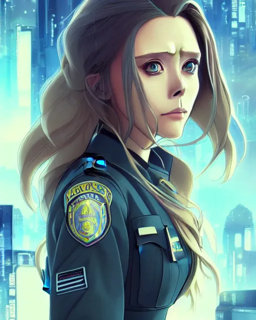 Image similar to anime key visual of elizabeth olsen police officer, cyberpunk, futuristic, perfect eyes, stunning features, perfect face!!, high details, digital painting, artstation, smooth face, soft focus, illustration, art by artgerm and greg rutkowski and alphonse mucha
