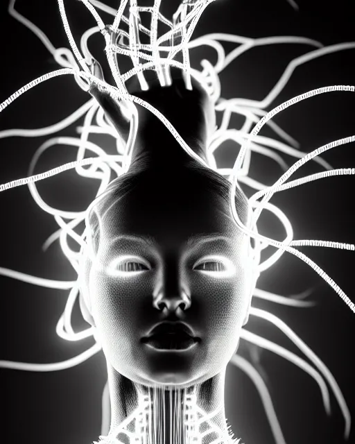 Image similar to black and white spiritual connected young female cyborg - plant goddess high quality photo, microchip, artificial intelligence, bio - mechanical bio - luminescence, black wired cables, neurons, nerve cells, cinematic, rim light, photo - realistic, elegant, high detail, 8 k, masterpiece, high fashion