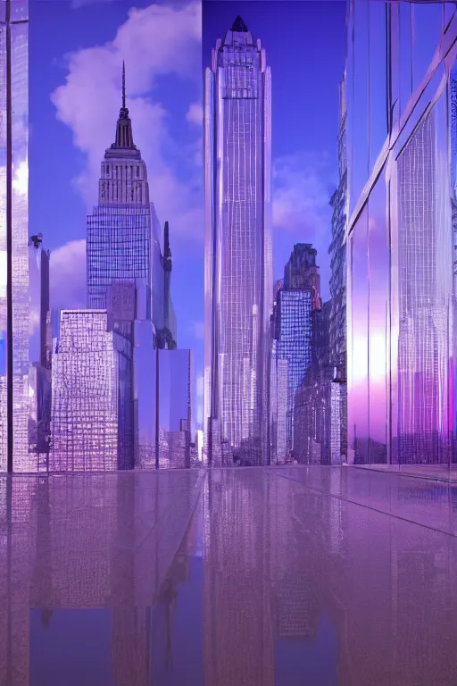 Prompt: of a futuristic photo - realistic new york city with mirrored windows in shiny crystalline : 7, purple lightening : 1 2, octane render, clouds : 5, violet sun : 9, in the style of sahm : 2 8, hd, ultra - realistic, hyper - realistic, digital art,