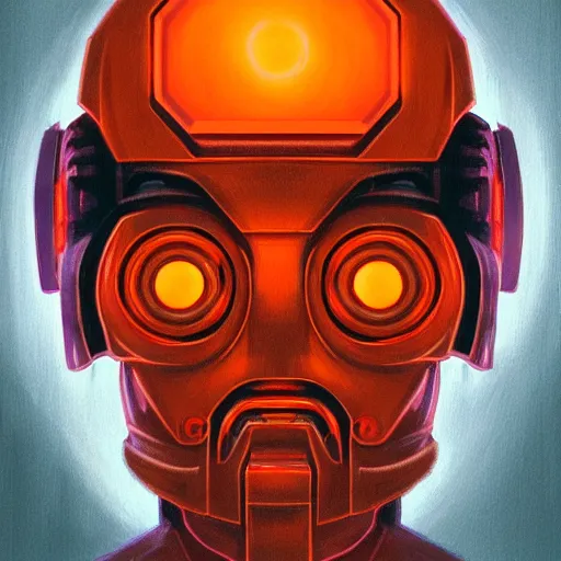 Prompt: Cybernetic man portrait, radiant orange light, in the style of WLOP and tony sart
