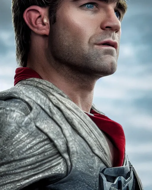 Image similar to an epic dramatic portrait of blonde antony starr as the homelander, john homelander, superhero from the boys tv show, very low angle, detailed face, epic art, trending on artstation, deviantart, high detail, high definiton, ultra realistic, hyper realistic, photo realistic, 4 k uhd
