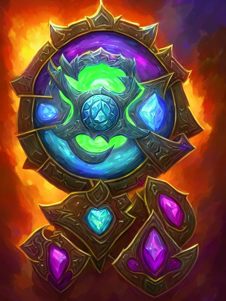 Image similar to square bright shield of warcraft blizzard shield art, a spiral colorful gems shield. bright art masterpiece artstation. tree and roots shield, 8 k, sharp high quality illustration in style of jose daniel cabrera pena and leonid kozienko, green colored theme, concept art by tooth wu, card frame