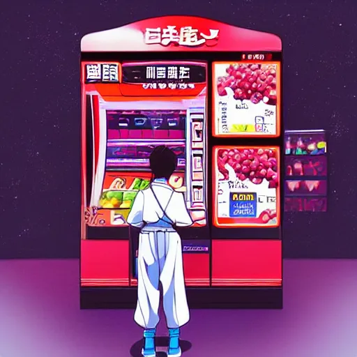 Prompt: “Shinji from Eva buying berries from a berry vending machine on a futuristic space ship, robots, berry signs, 🍓, anime, artstation”